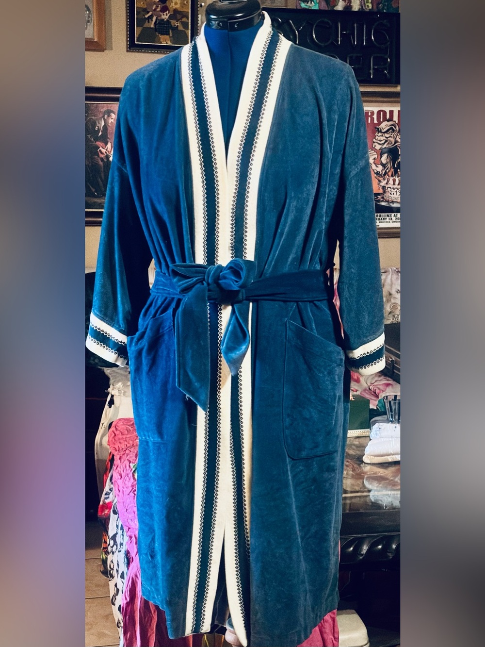 VTG Christian Dior Robe de Chambre Blue Velour Lounge Robe One Size